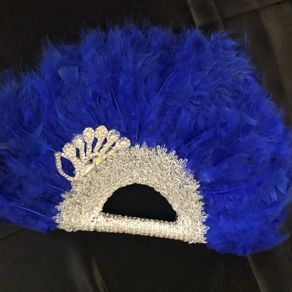 Royal Blue Feather African Bridal Hand Fan with Silver Crystal Accent